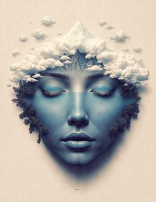 The primary subject of the image is a woman's face, which is the main focus of the image. The setting is a cloudy sky, with the woman's face positioned in the middle of the scene. The visual style is a digital art or illustration, as the woman's face is depicted in a creative and artistic manner. The colors and mood of the image are predominantly blue, giving it a serene and calming atmosphere.